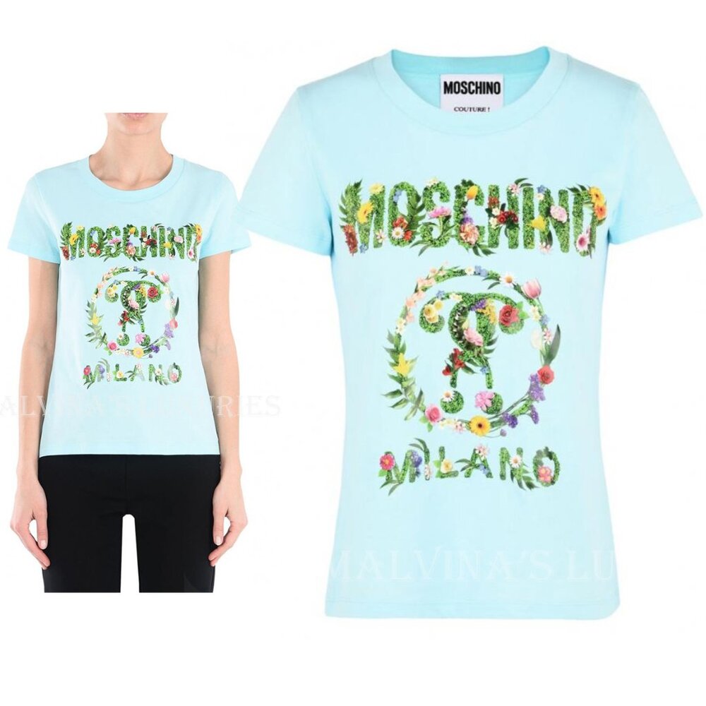 MOSCHINO T-SHIRT FLORAL DOUBLE QUESTION LOGO PRINT BLUE SHORT SLEEVE TOP sz 4